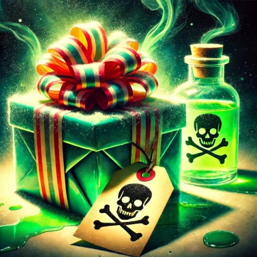 Bild eines Geschenks neben einer Flasche mit Gift.